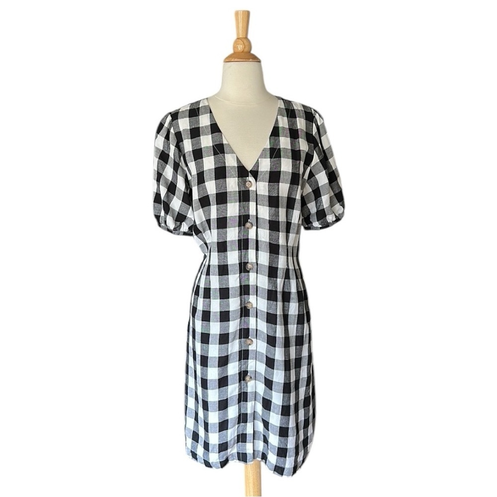 LOFT Gingham Linen Blend Button Up Dress Black White Preppy Girly Casual Size 10